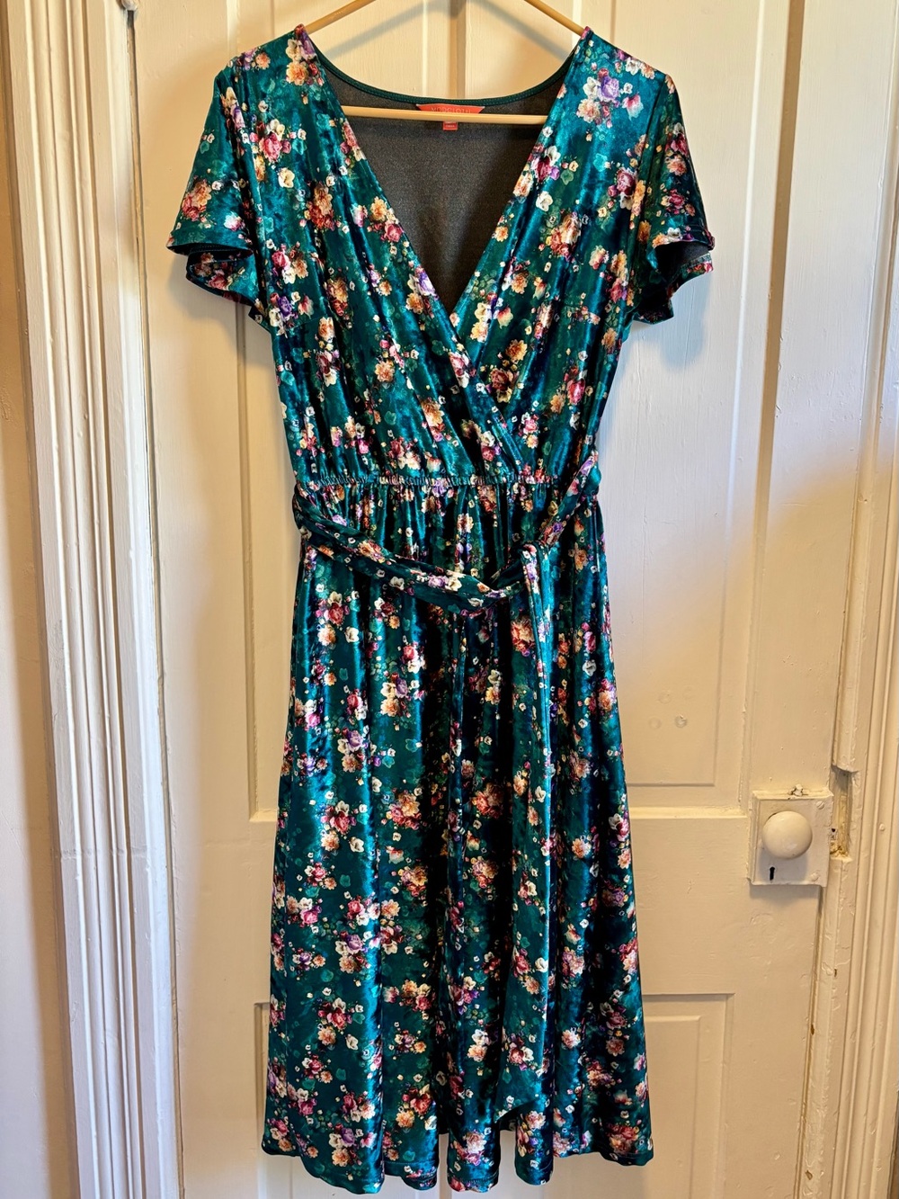 ModCloth Timeless Embrace Teal Floral Velvet Faux Wrap Dress Large